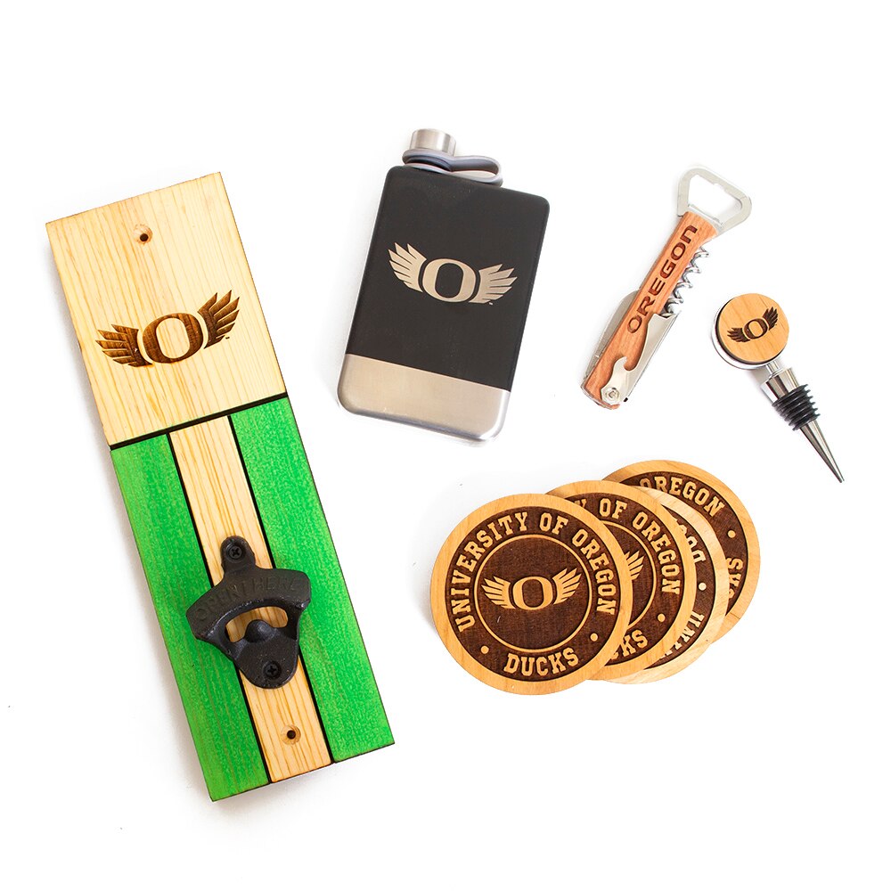 Wooden Timeless Etchings Four Piece Round Coaster & Wine Key & Bottle